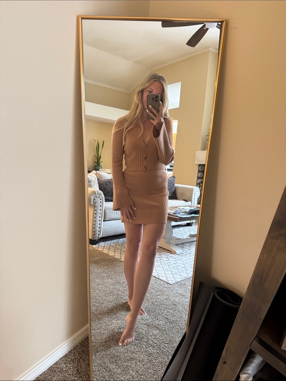 Vici x Summer of Diane Button-Up Knit Two-Piece Set in Camel